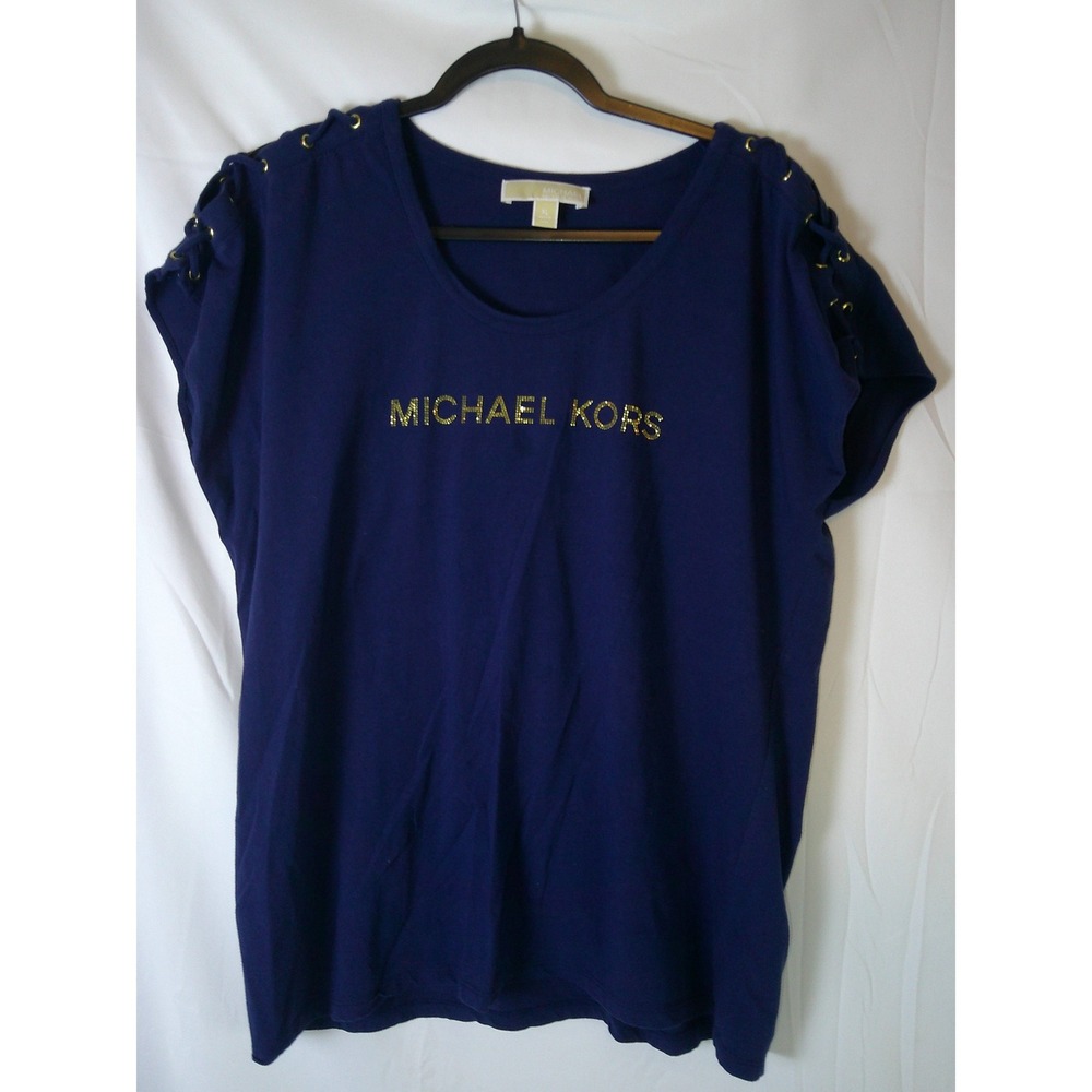 MICHAEL KORS Women Navy Blue Lace Up‎ Shoulder T Shirt Top XL